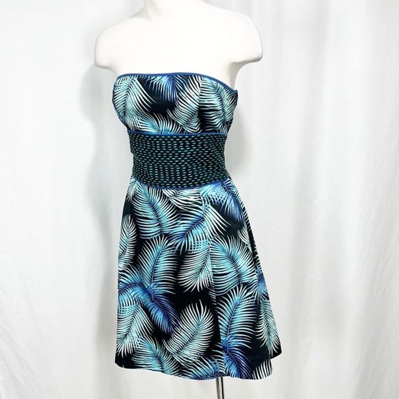 Free People Palm Tree Smocked Tie Back Dress Embroidered Black Aqua 8 - Picture 4 of 10